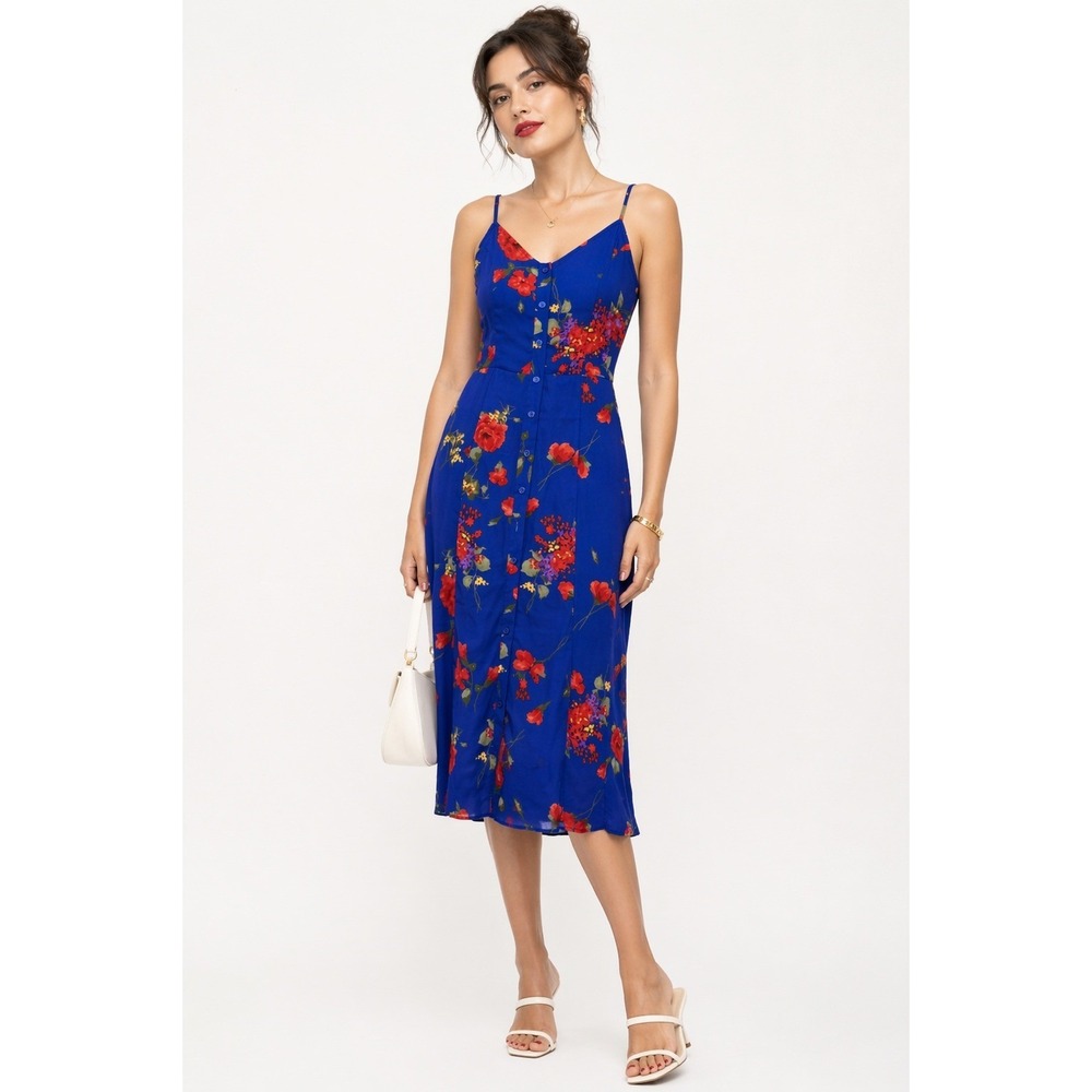Olivia Grey Floral Midi‎ Dress Blue Poppy Button Front Smocked Back Size M NWT